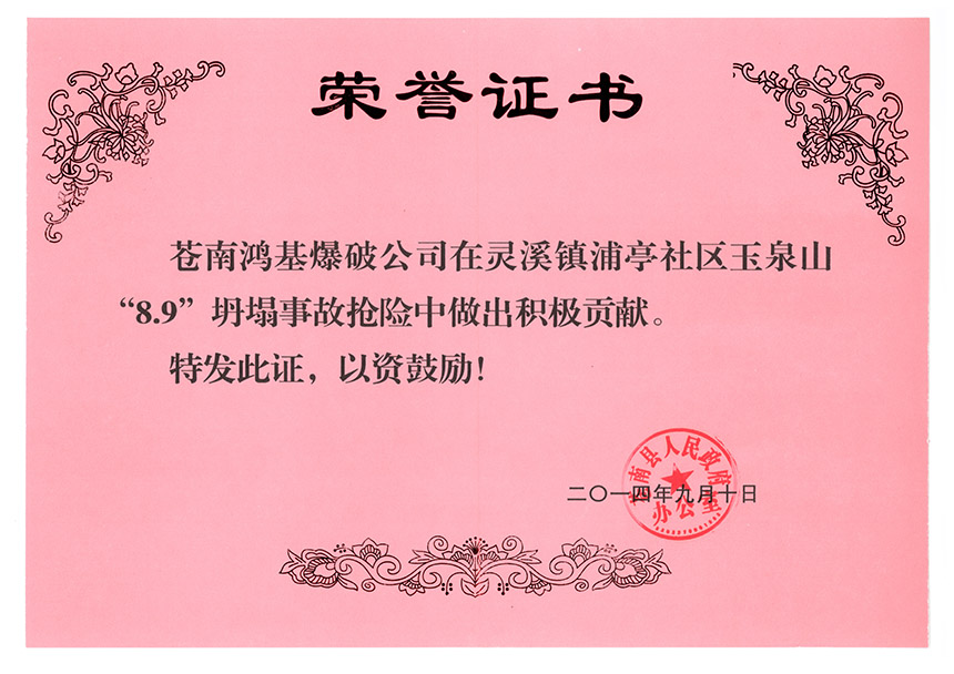 2014年9月10日灵溪浦亭事故作出贡献的荣誉证书（县政府）
